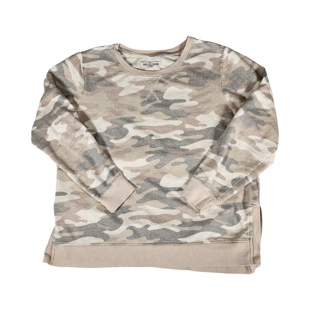 Wallflower Womens Camo Crew Neck Sweatshirt Tan Grey‎ Large Side Slit Pullover